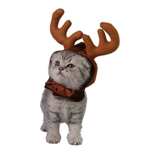 kungfu Mall 1 Pieza de Disfraz de Navidad para Mascota, Gato, Perro, Cuernos de Reno, Gorro de Cabeza, 1 Pieza Collar de Perro y Gato Ajustable con corbatín