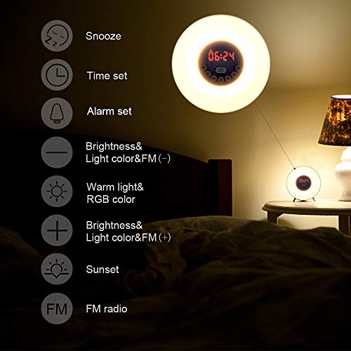 Luces-despertador, solawill Wake Up Light Simulación de Amanecer y Atardece Radio FM 6 Luces LED de Colores 6 Sonidos Naturales 10 Niveles de Brillo USB Recargable Táctil Despertador de Luz