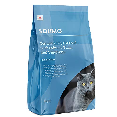 Marca Amazon - Solimo - Alimento seco completo para gatos adultos con salmón, atún y verduras, 1 Pack de 3 kg