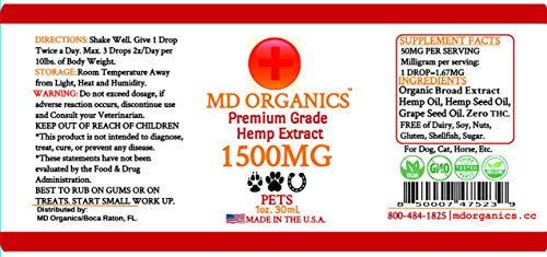 MD Organics 1500mg Pet Cáñamo Puro Aceite para Mascotas Perro Gato Caballo Alivio del Dolor Articulaciones del estrés Sueño Estado de ánimo Estrés Omegas Grado Humano Probado en Laboratorio
