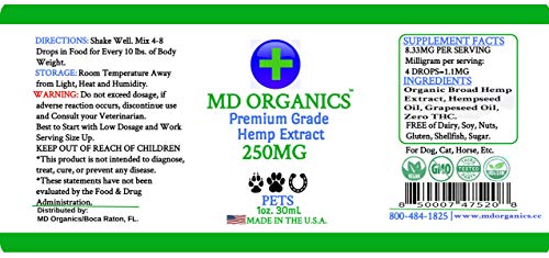 MD Organics 250mg Pet Cáñamo Puro Aceite para Mascotas Perro Gato Caballo Alivio del Dolor Articulaciones del estrés Sueño Estado de ánimo Estrés Omegas Grado Humano Probado en Laboratorio