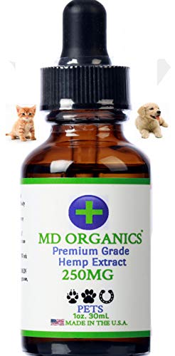 MD Organics 250mg Pet Cáñamo Puro Aceite para Mascotas Perro Gato Caballo Alivio del Dolor Articulaciones del estrés Sueño Estado de ánimo Estrés Omegas Grado Humano Probado en Laboratorio