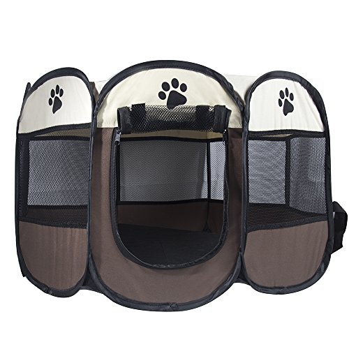 MiLuck Animal de compañía portátiles plegables Playpen, ejercicio de 8 paneles de la perrera de malla cubierta de la sombra interior / al aire libre tienda de cercas para perros gatos (S-Marrón)