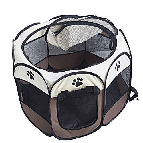 MiLuck Animal de compañía portátiles plegables Playpen, ejercicio de 8 paneles de la perrera de malla cubierta de la sombra interior / al aire libre tienda de cercas para perros gatos (S-Marrón)
