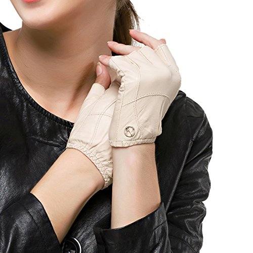 Nappaglo conducción medio dedo guantes de piel de mujer de cuero de piel de cordero fingerless guantes Fitness Outdoor Shorty sin forro