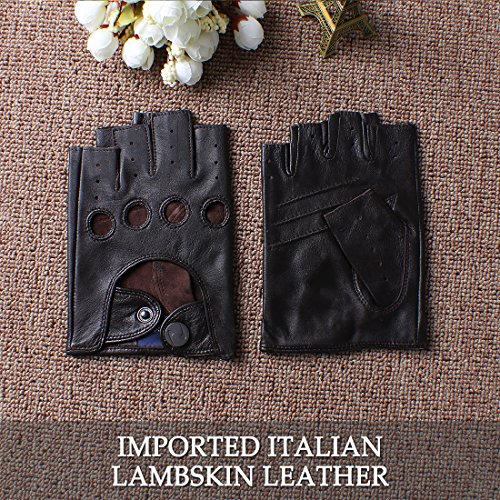 Nappaglos hombres de cuero guantes de conducir italiano medio dedo guantes fingerless sin forro de piel de cordero para la motocicleta Ciclismo Equitacion (S (Palm circunferencia: 8.1"), Brown)