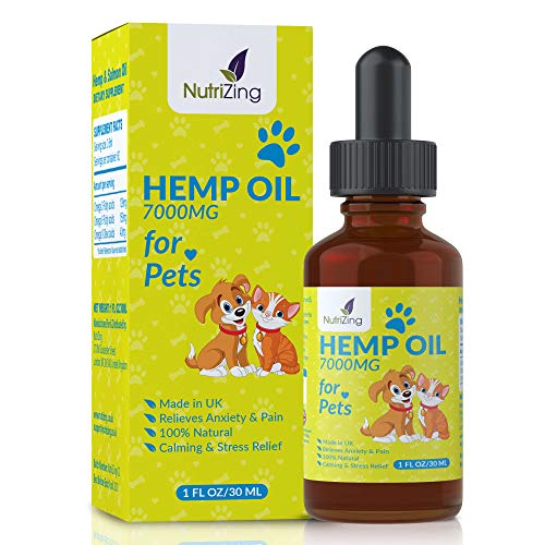 NutriZing 7000 mg gotas de aceite de cáñamo para perros y gatos – Contiene aceite de salmón – Omega 3 6 9 – Certificado europeo cáñamo grande botella de 30 ml