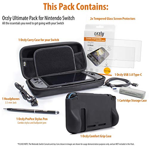 Orzly Pack Esencial de Accesorios para Nintendo Switch [Incluye: Protectores de Pantalla, Cable USB, Funda para Consola, Estuche Tarjetas de Juego, Funda Comfort Grip, Auriculares] – Negro