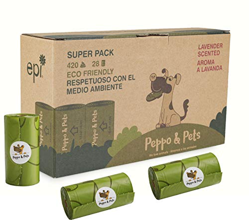 Peppo and Pets- 420 Bolsas biodegradables para excrementos de Perro -(28 Rollos) - Muy Resistentes - Olor a Lavanda- Opacas- A Prueba de Fugas