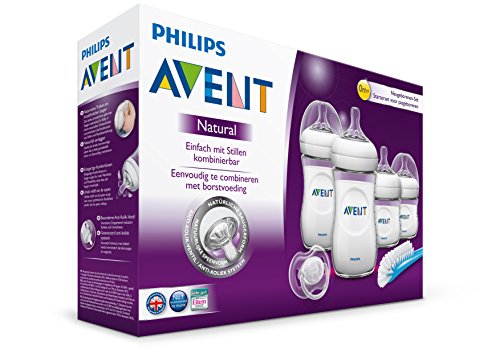 Philips Avent SCD290/01 - Set Regalo gama Natural para recién nacidos, 2 biberones 125 ml, 2 biberones 260 ml, 1 escobilla, 1 chupete, color transparente