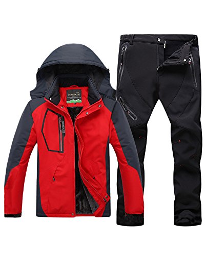 Qitun Hombre de Trekking Impermeable Deportivos Transpirable Pantalones Chaqueta de Esquí Impermeable Chaqueta de Nieve Excursionismo Conjunto Rojo B M