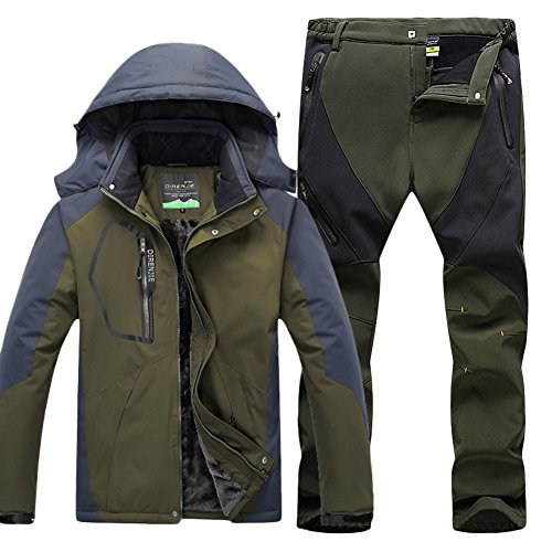 Qitun Hombre de Trekking Impermeable Deportivos Transpirable Pantalones Chaqueta de Esquí Impermeable Chaqueta de Nieve Excursionismo Conjunto Verde del ejército B XL