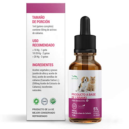 Sativida Hemp Oil Pets - Aceite de Cáñamo para Mascotas 5% | 500mg Perros y Gatos Ideal para Ansiedad, Dolor, Estrés, Sueño, Articulaciones, Piel, Músculos | 10ml.