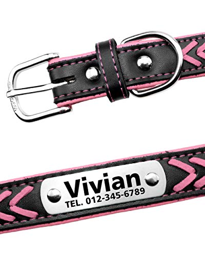 Vcalabashor Nombre Vcalabashor personalizado collar de perro de piel / cuero trenzado genuino plateado collares de perro 23.5-30cm Rosa / Negro
