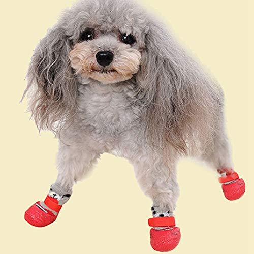 4 unids transpirable zapatos para perros antideslizante calcetines para perros zapatos ajustables para interiores de algodón mezcla de mascotas pata protectores con pegatinas mágicas correas(S)