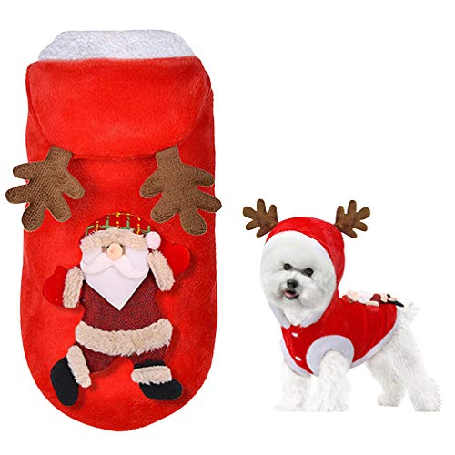 Amosfun Ropa de Alces de Perro de Navidad Mantener Caliente Franela Alces Cachorro Abrigo con Capucha Ropa de Perro Fiesta de Navidad Disfraz-s