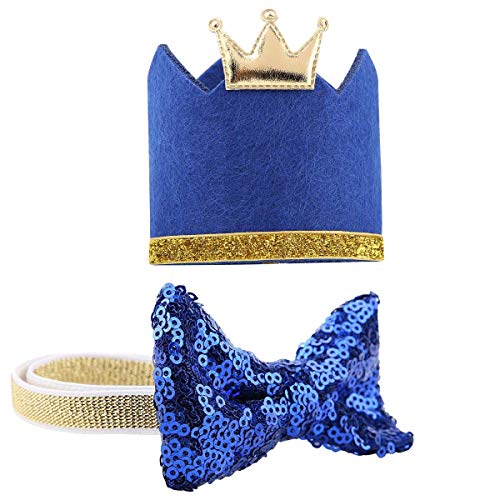 ASOCEA - Sombrero de corona, con pajarita, collar para perro, fiesta de cumpleaños, suministros para perros pequeños, medianos y gatos, color azul