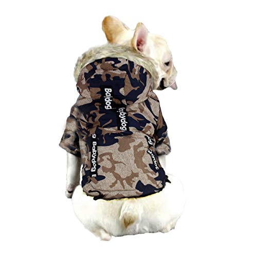 Babydog Abrigo Chaleco para Perro con Capucha, Forro Polar y Mangas, Cierre Corchetes, Modelo Camuflaje Militar (M, Marron Azul)