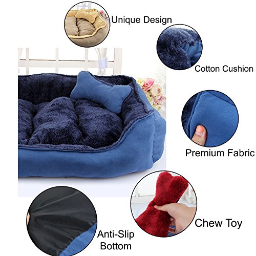 Cama para mascotas de lujo para gatos y pequeño perro mediano Cuddler con suave cojín desmontable (M-60x50x17cm, Azul)