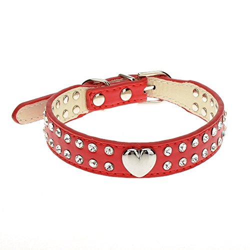 Collar de piel para perros con dos filas de diamantes de imitación y corazón llamativo tachonado, para mascotas pequeñas o medianas