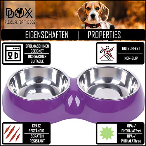 DDOXX Comedero Doble Perro, Antideslizante Tamaños | para Perros Pequeño, Mediano y Grande | Bol Accesorios Acero INOX-Idable Melamina Gato Cachorro | Violeta, 2 x 350 ml