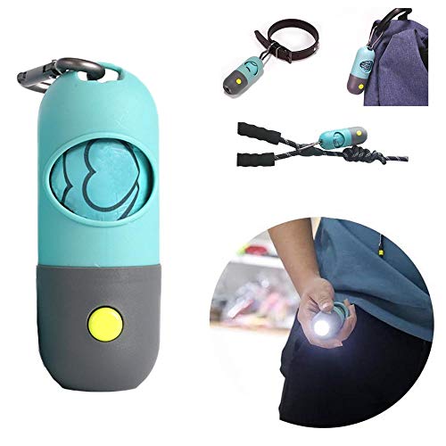 Dispensador de bolsas para caca de perro | Soporte para bolsa de caca con luz de flash LED para caminar, bolsa de basura para perro extra de 15 unidades | Bolsa para caca de perro