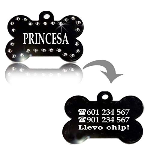 Hueso Deluxe Placa Chapa Medalla de identificación Personalizada para Collar Perro Gato Mascota grabada (Negro)