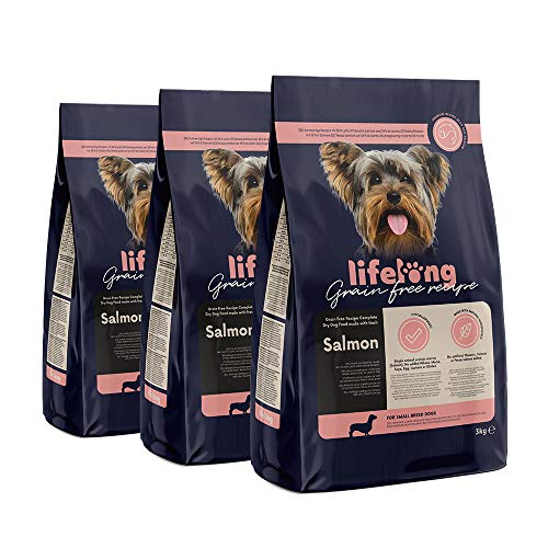 Marca Amazon - Lifelong Alimento seco completo para perros de razas pequeñas con salmón fresco, receta sin cereales - 3kg*3