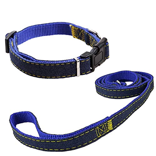 Newtensina Moda Perro Collar y Correa Set Tela de Mezclilla Perrito Collar con Correa para Perro - Blue - XL