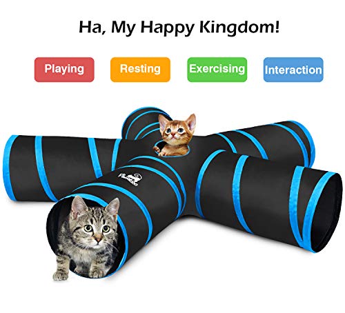 Pawaboo Cat Tunnel, Premium 5 Way Tunnels Extensible Collapsible Cat Play Tunnel Toy Maze Interactive Tube Toy Cat House with Pompon and Bells for Cat Puppy Kitten Rabbit, Black & Light Blue