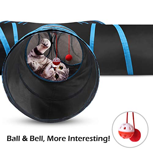 Pawaboo Cat Tunnel, Premium 5 Way Tunnels Extensible Collapsible Cat Play Tunnel Toy Maze Interactive Tube Toy Cat House with Pompon and Bells for Cat Puppy Kitten Rabbit, Black & Light Blue