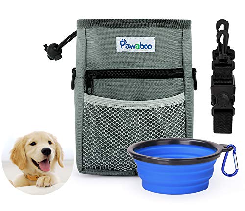 Pawaboo Comedero y Bebedero Portátil para Mascotas con Bolsa de Viaje con Correa Ajustable, Bol Plegable de Silicona para Perros, Gris