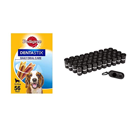 PEDIGREE Pack de 56 Dentastix de Uso Diario para la Limpieza Dental de Perros medianos (Pack de 1) + AmazonBasics - Bolsas para excrementos de Perro con dispensador y Clip para Correa (600 Bolsas)