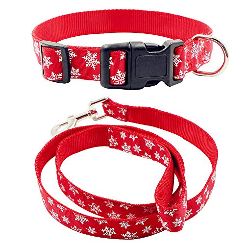 Petsoigné Set Collar y Correa para Perros Gatos Navidad Año Nuevo Collar Correa para Perro Nylon (S, Copo de Nieve)