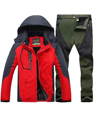 Qitun Hombre de Trekking Impermeable Deportivos Transpirable Pantalones Chaqueta de Esquí Impermeable Chaqueta de Nieve Excursionismo Conjunto Rojo A XL