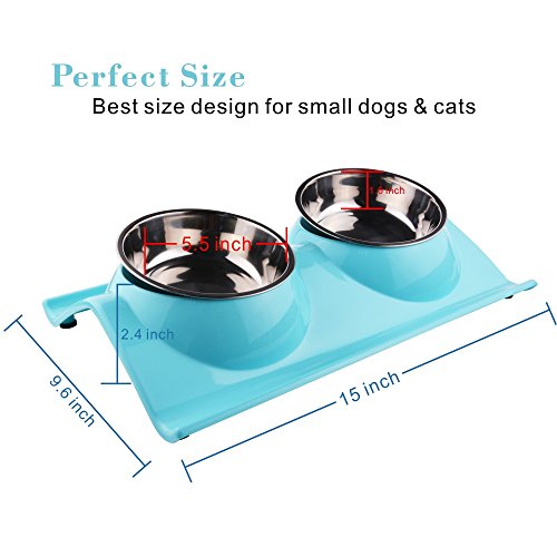 ShareWe Cuencos Doble para Perro Gato Animal Mascotas Cuencos Alimento Agua Platos de Acero Inoxidable con Diseño Antideslizante y Antiderrames (Azul)