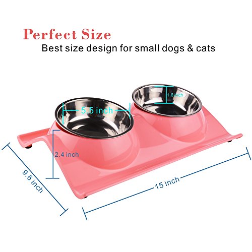 ShareWe Cuencos Doble para Perro Gato Animal Mascotas Cuencos Alimento Agua Platos de Acero Inoxidable con Diseño Antideslizante y Antiderrames (Rosa)