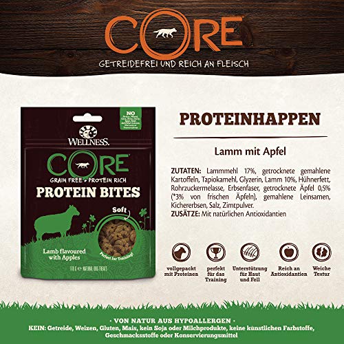 Wellness Core Perro proteína Bites Soft Cereales Libre erli de Fuga, Cordero con Manzana (2 Unidades, 170 g)