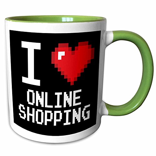 3dRose Mug_118922_7 Geeky Old School Pixels 8 bits I Heart I Love Online Shopping, cerámica, verde/blanco
