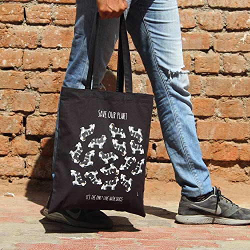 Amazon Marka: Eono Essentials - Bolsa al hombro de 100 % algodón, reutilizable y ecológica, con estampado «Save the dog planet» Negro
