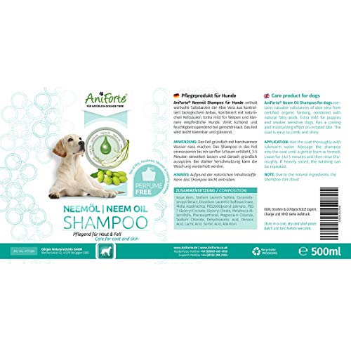 AniForte Aceite de Neem Champú 500ml - champú para perros sin fragancia, producto de cuidado para el picor, agradable para la piel, fácil de peinar, olor agradable