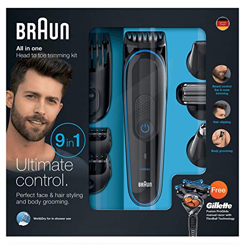 Braun MGK3080 - Set de afeitado multifunción 9 en 1, depiladora masculina, recortadora de barba, cortapelos profesional hombre, negro