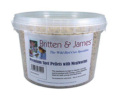 Britten & James® Premium Suet Pellets con Las Grasas DE MEALWORMS. Un excelente suplemento de energía para Aves Silvestres en una bañera de 3 litros con Cierre hermético.