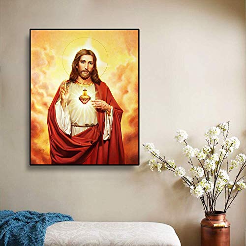 Caligrafía Pintura sobre Lienzo Retrato de Jesús Dios Cristiano Simple Elegante Sala de Estar Mural Arte Imagen Pintura sin Marco 50x40cm