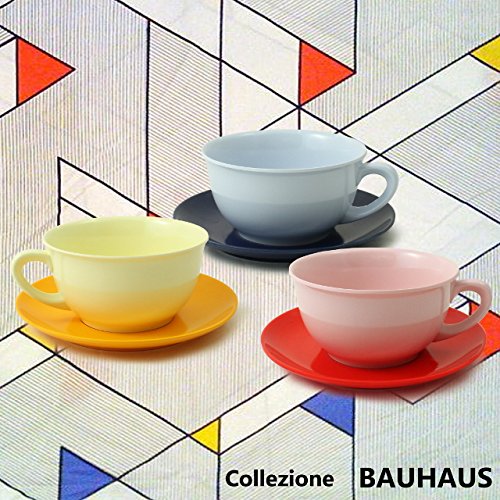 cartaffini – Colección Bauhaus – 3 tazas de desayuno RGB (Azul Claro, Amarillo, Rosa) y 3 platos RGB (Rojo, Amarillo, Azul)