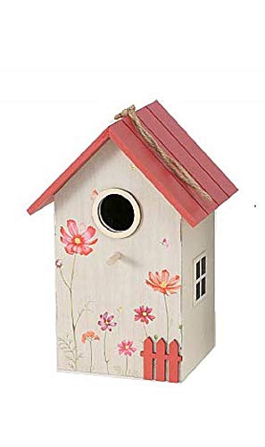 CasaJame Hogar Accesorios Decoración Jardín Casa para Pájaros Beige con Techo Rojo Decoración Floral 15x12x22cm