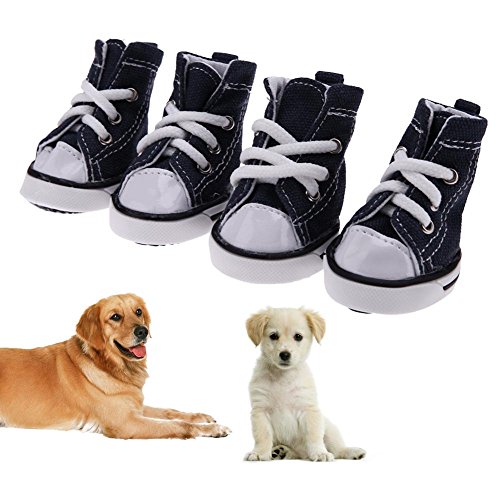 Domybest - 4 zapatos de perro en tejido vaquero antideslizantes impermeables, con diseño de zapatillas deportivas