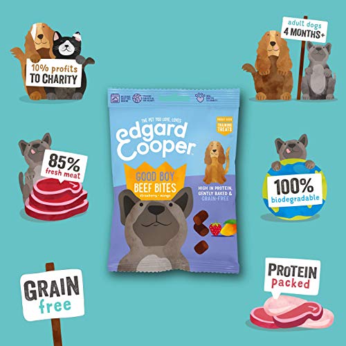 Edgard & Cooper premios para perros sin cereales, natural con Ternera. Snacks ricos en proteínas hasta 85% de carne cocinados al horno con ingredientes simples. Packs de 15x50grs Bolsas Biodegradables