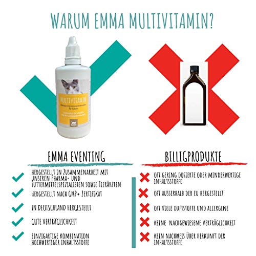 EMMA Multi Vitamina B Complejo para Gatos, Vitamina B1, B2, B6, B12, Calcio, ácido fólico, Hierro, Zinc Líquido 100 ml