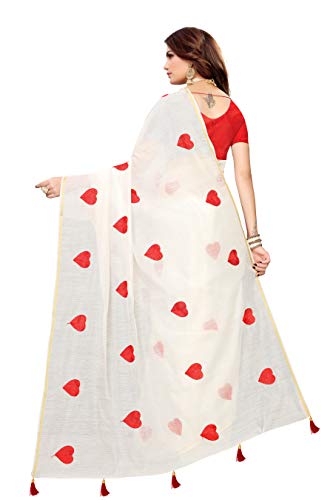 ETHNICMODE Indian Women's CHANDHERI Cotton Fabrics Multi-Colored Printed Sari with Blouse Piece (Fabric) Heart White